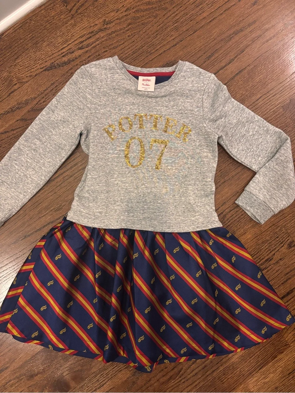 Mini Boden Harry Potter Gray Sweatshirt Top with Navy Red and Gold Striped Skirt